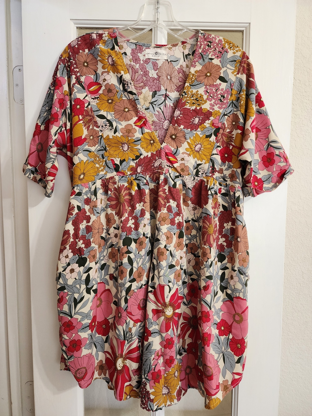Natural Life XS/S Retro Floral Babydoll Mini Dress V Neck Pockets